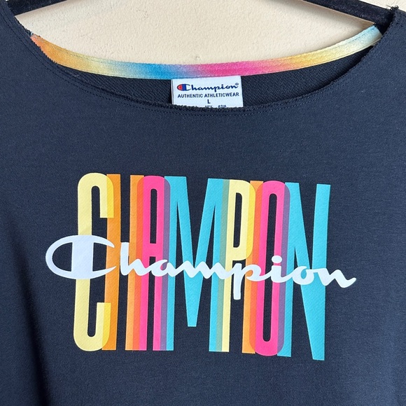 Champion Campus French Terry Crewneck Sweatshirt Black White Rainbow Size Large - Picture 5 of 12